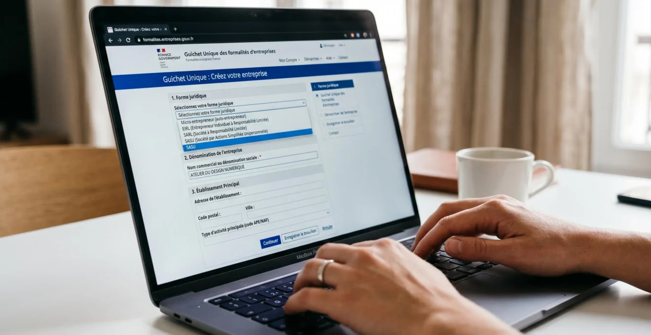 Écran d'ordinateur affichant l'interface du Guichet Unique des formalités d'entreprises avec un formulaire de création d'entreprise en cours de remplissage