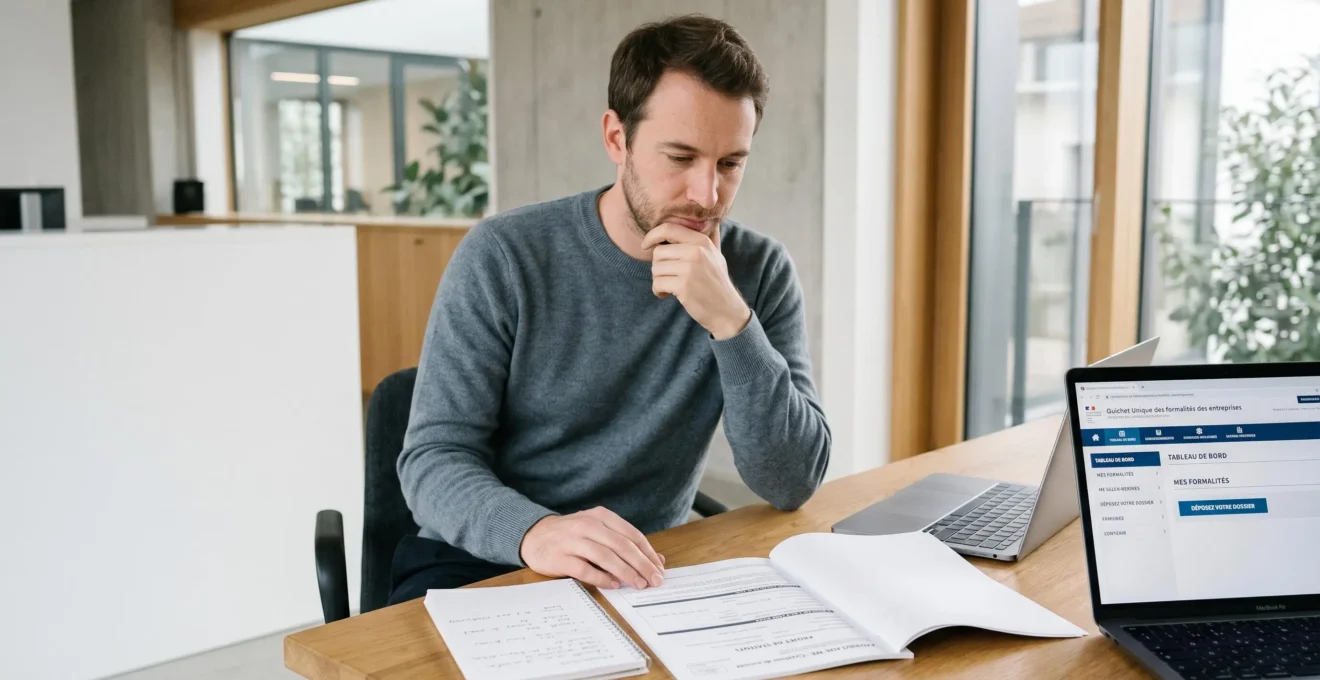 Entrepreneur assis à un bureau moderne consultant des documents de création d'entreprise et l'interface du Guichet Unique sur son ordinateur portable dans un bureau lumineux