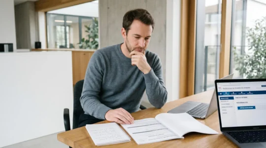 Entrepreneur assis à un bureau moderne consultant des documents de création d'entreprise et l'interface du Guichet Unique sur son ordinateur portable dans un bureau lumineux