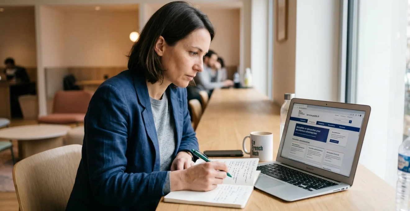 Femme entrepreneur concentrée consultant le site officiel service-public.fr sur son ordinateur portable tout en prenant des notes manuscrites dans son bureau moderne