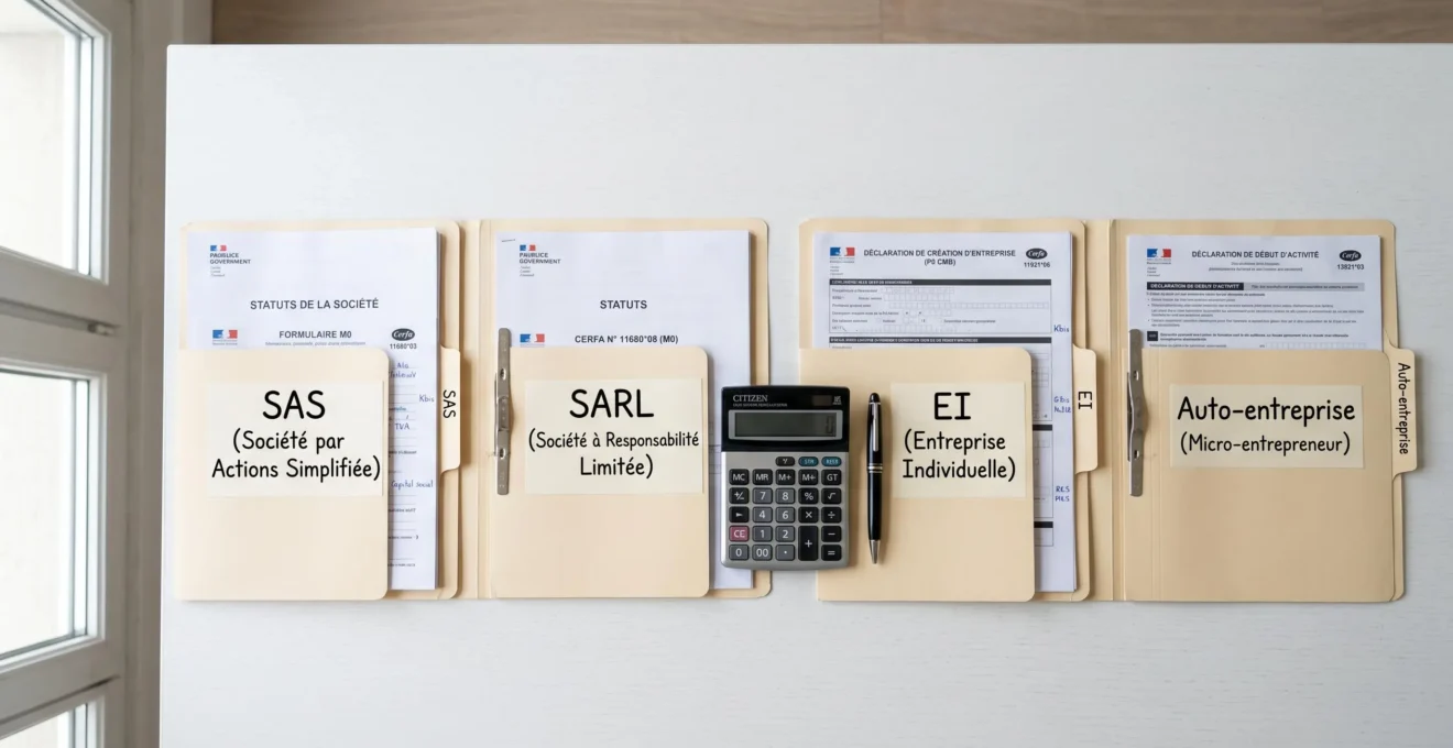 Vue en plongée d'un bureau professionnel avec quatre dossiers clients alignés horizontalement, chacun étiqueté avec un statut juridique français différent : SAS, SARL, EI et Auto-entreprise