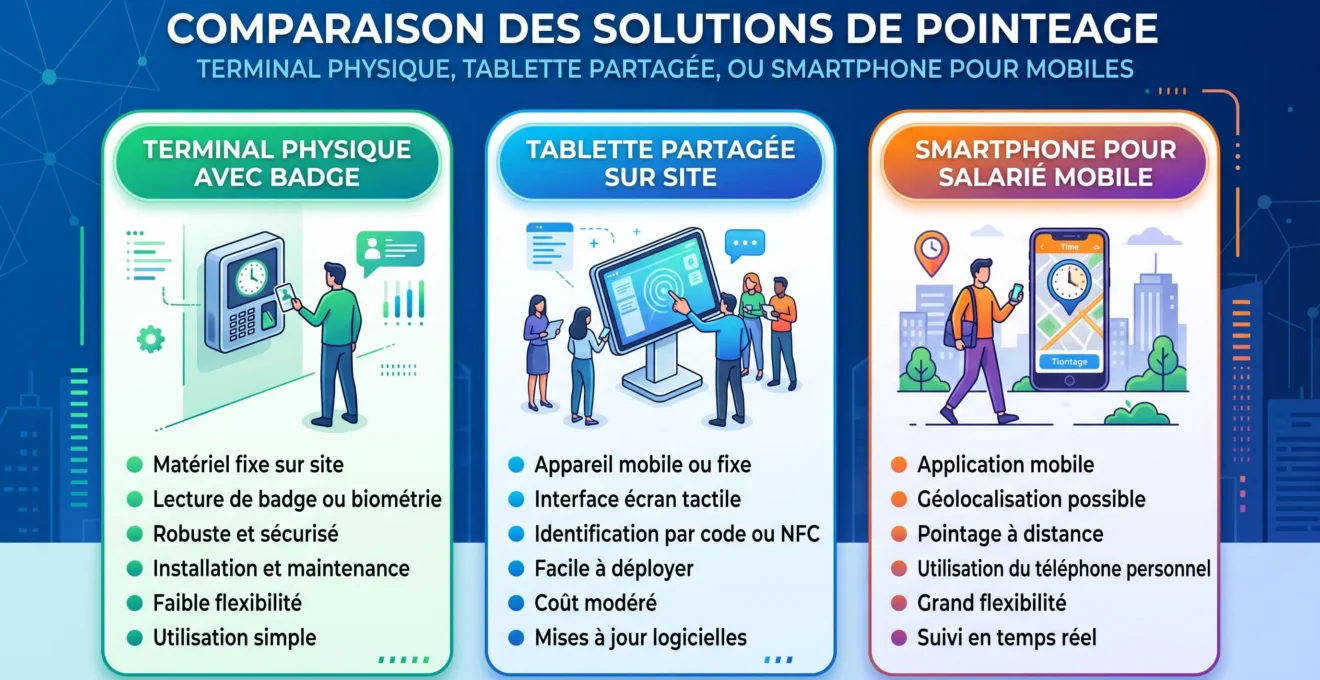Comparaison visuelle entre badgeuse physique, tablette et pointage mobile