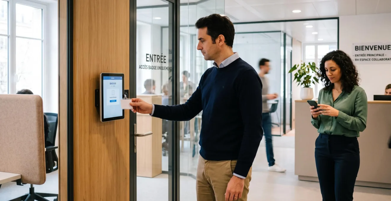 Salariés utilisant une badgeuse sur tablette et un système de pointage numérique