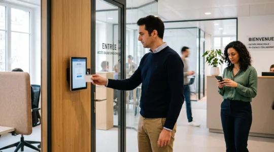 Salariés utilisant une badgeuse sur tablette et un système de pointage numérique