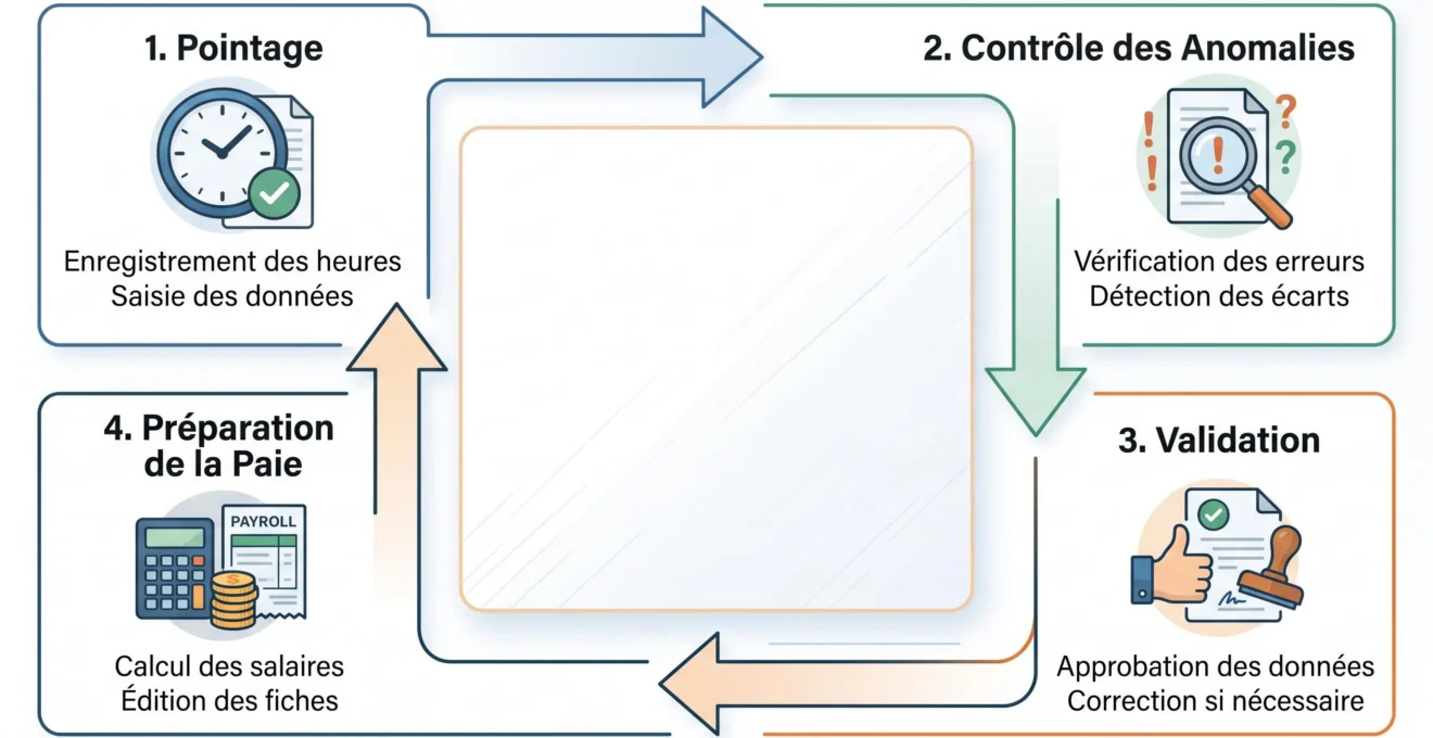 Schéma du flux entre pointage, validation des heures et préparation de la paie